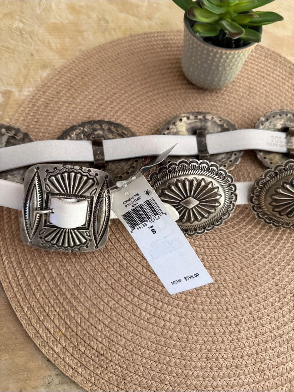 Polo by Ralph Lauren White Leather Belt with Silver Concho Medallions SRP$ 598